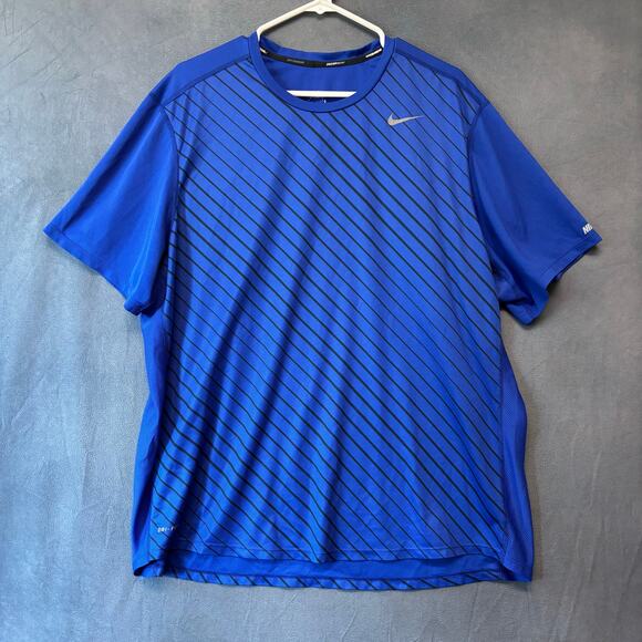 Nike Dri-FIT Men’s Running Shirt Blue Striped 2XL Athletic Training Tee Swoosh - Picture 1 of 13